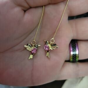 Pink and gold hummingbird dangle earrings